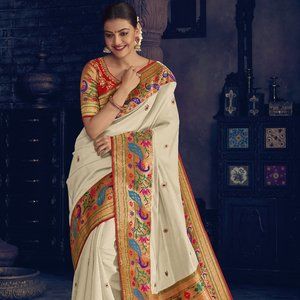 JHEAPS GORGEOUS BRIGHT WHITE BOLLYWOOD STYLE PAITHANI SILK SAREE